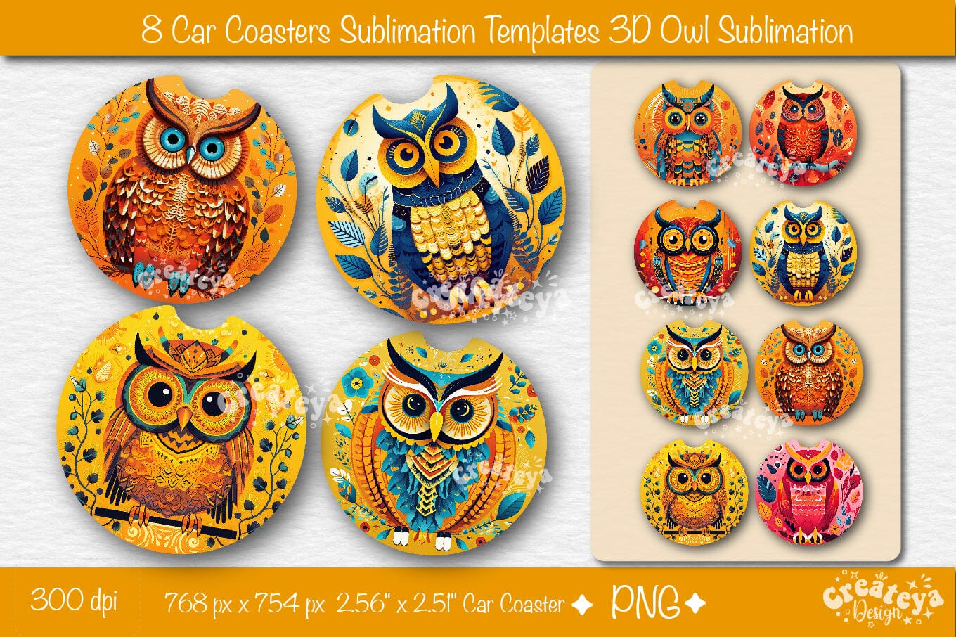 Car coaster Sublimation Designs Bundle 3D Owl Round Sublimation
