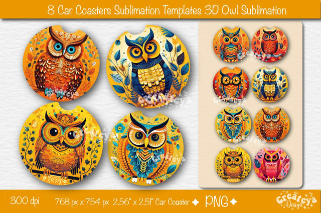 Car coaster Sublimation Designs Bundle 3D Owl Round Sublimation PNG template Sublimation Createya Design 