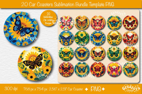 Car coaster Sublimation Designs Bundle Round Sublimation PNG template with butterfly and sunflower Sublimation Createya Design 