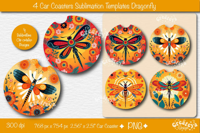 Car coaster Sublimation Designs Bundle Round Sublimation PNG template with Dragonfly Sublimation Createya Design 