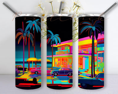 Car Neon Beach 20oz Skinny Tumbler Png, Vintage Retro Beach Palm Tree Old Car Png, Vintage Car Tumbler Design, California Tumbler Design, Neon Tumbler Sublimation PixelChick 