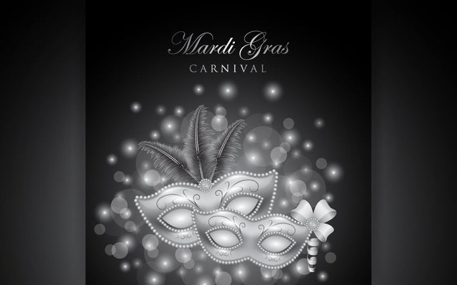 Card with white festive Venetian mask on a black glowing background. SVG naemmiah021 