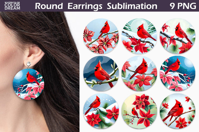 Cardinal Round Earrings | Cardinal Poinsettia Earrings Sublimation WatercolorColorDream 