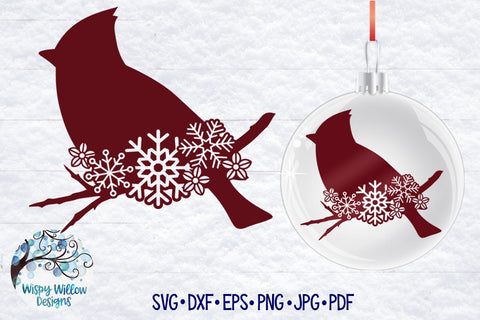 Cardinal SVG | Winter Cardinal with Snowflakes SVG Wispy Willow Designs 