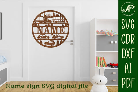 Cars and trucks name sign svg laser cut template SVG APInspireddesigns 