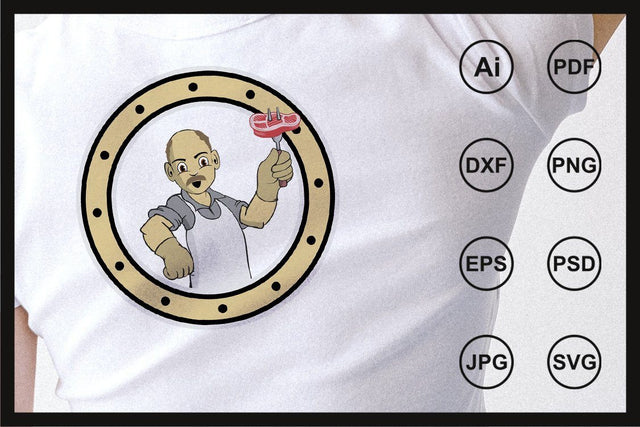 Cartoon chef grandpa character holding a fork and meat illustration SVG Leamsign Studio 