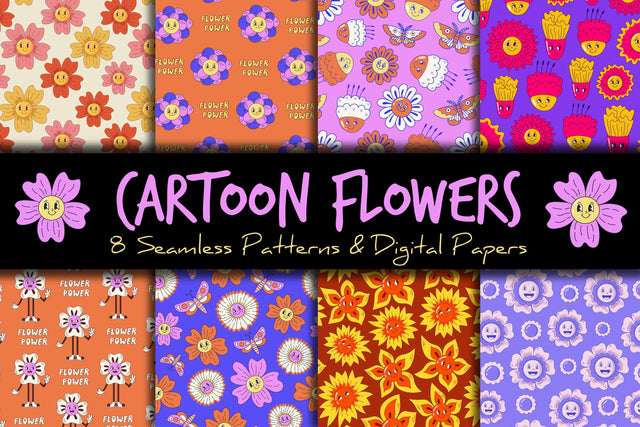 Cartoon Flowers Patterns & Papers Digital Pattern Rin Green 