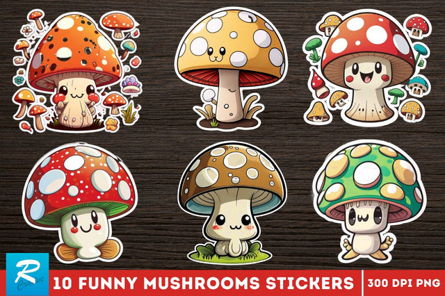 Cartoon funny mushrooms Printable Stickers Bundle Sublimation Regulrcrative 
