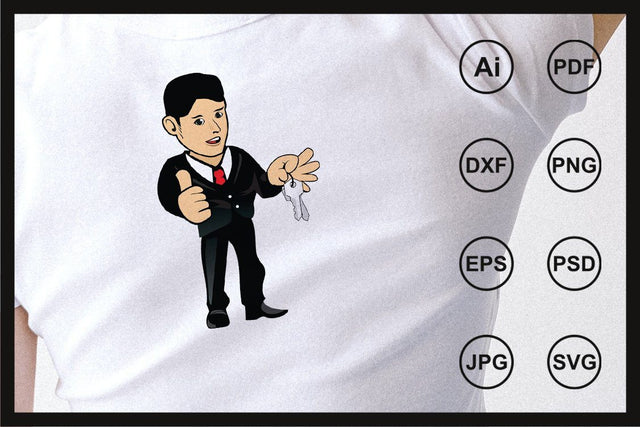 Cartoon marketing officer guy character holding keys illustration SVG Leamsign Studio 