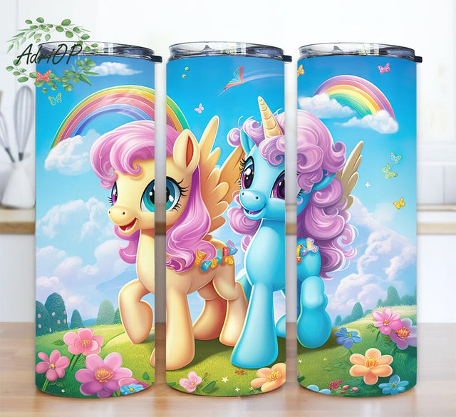 Cartoon Two Cute Adorable Ponies 20oz Skinny Tumbler Png, Rainbow Ponies Tumbler, Rainbow Colorful Adorable Ponies Tumbler, Tumbler Wraps for Children Sublimation AdriOP 