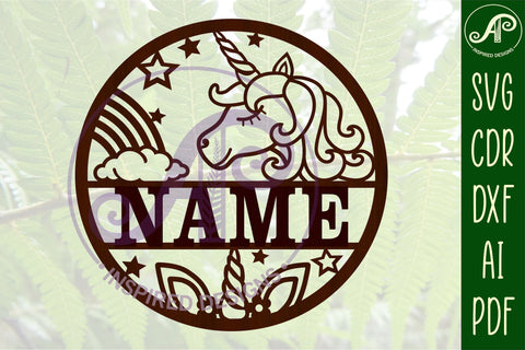 Cartoon unicorn name sign svg laser cut template SVG APInspireddesigns 