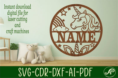 Cartoon unicorn name sign svg laser cut template SVG APInspireddesigns 