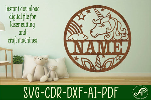 Cartoon unicorn name sign svg laser cut template SVG APInspireddesigns 