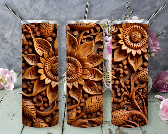 Carved Wood Sunflowers 20oz Skinny Tumbler Png, Wood Sunflowers With Bacground Carved Ornament Png, 3D Rustic Wood Sunflower Tumbler, 3D Flower Tumbler Wrap Png Sublimation DesignSVG 