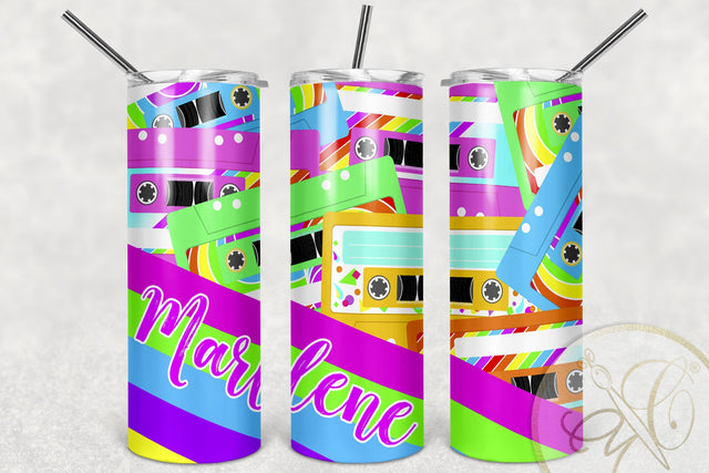 Cassette 20oz Skinny Tumbler Sublimation/ 80’s, 90’s/ Neon/ Retro Cassette Sublimation Marlene Campos 