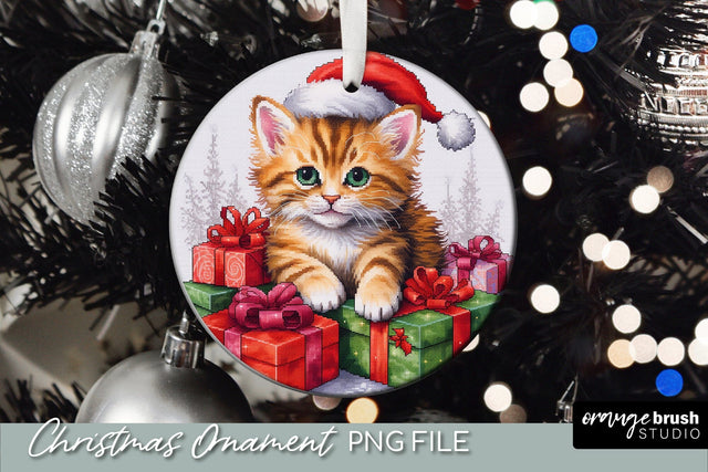 Cat Christmas Ornament Design, Embroidery Ornament Sublimation OrangeBrushStudio 