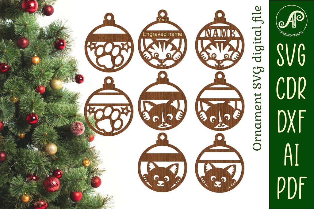 Cat Christmas Ornaments, 4 cute designs SVG laser cut - So Fontsy