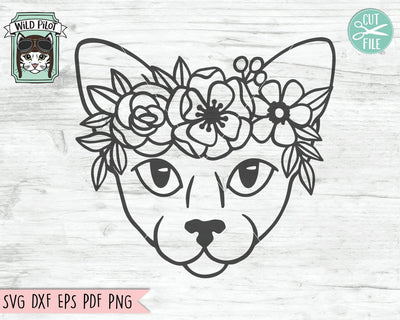 Cat Face SVG, Cat with Flower Crown SVG, Cat cut file, Animal Face, Animal Floral Crown svg, Cat with Flowers on Head, Sphinx Hairless Cat SVG Wild Pilot 