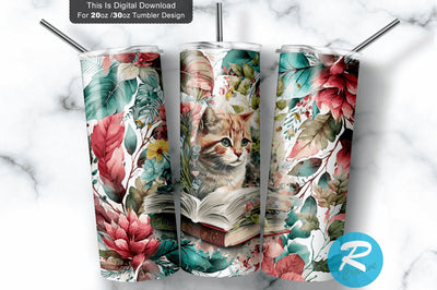 Cat floral book 20 oz / 30 oz Tumbler PNG Sublimation Regulrcrative 