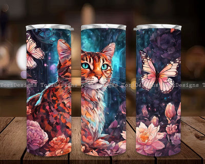 Cat flower and butterfly 20 oz skinny tumbler sublimation design Watercolor Pet lover digital PNG Straight wrap Waterslide download Sublimation ToriDesigns 