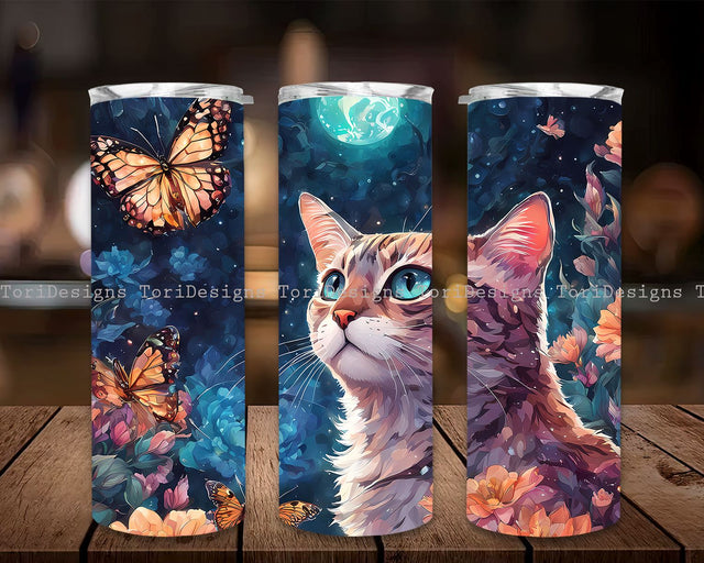 Cat flower and butterfly, Watercolor Kittens With Butterflies 20 oz Skinny Tumbler, Cat flower and butterfly 20 oz skinny tumbler sublimation design Watercolor Pet lover digital PNG Straight wrap Waterslide download Sublimation ToriDesigns 