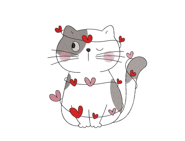 Cat in Love Embroidery Design, Valentine's Day Embroidery File, 3 sizes, Instant Download Embroidery/Applique DESIGNS Nino Nadaraia 