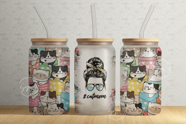 Cat Mom, 16 oz Libbey Glass Can Tumbler Sublimation Design PNG, Mothers day Gift, Cat Sublimation Wrap png, Cat Lover Gift Sublimation Syre Digital Creations 