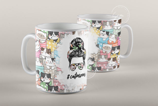 Cat Mom Mug, MomLife Messy Bun Hair Sublimation Mug Template, Coffee Mug 11 & 15 Oz Mug Wrap, Cricut Mug Press Sublimation Wrap Template Sublimation Syre Digital Creations 