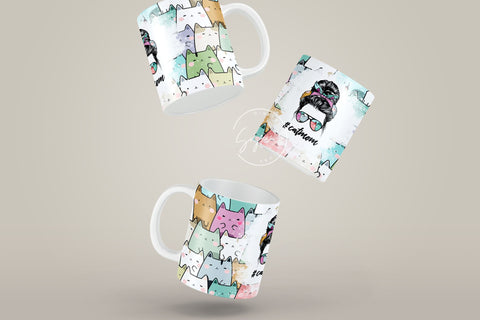Cat Mom Mug, MomLife Messy Bun Hair Sublimation Mug Template, Coffee Mug 11 & 15 Oz Mug Wrap, Cricut Mug Press Sublimation Wrap Template Sublimation Syre Digital Creations 