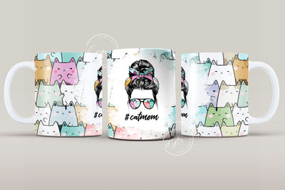 Cat Mom Mug, MomLife Messy Bun Hair Sublimation Mug Template, Coffee Mug 11 & 15 Oz Mug Wrap, Cricut Mug Press Sublimation Wrap Template Sublimation Syre Digital Creations 
