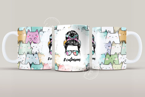 Cat Mom Mug, MomLife Messy Bun Hair Sublimation Mug Template, Coffee Mug 11 & 15 Oz Mug Wrap, Cricut Mug Press Sublimation Wrap Template Sublimation Syre Digital Creations 