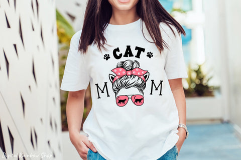 Cat mom svg, messy bun svg, cat lover design SVG Digital Rainbow Shop 