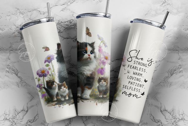 Cat Mom Tumbler, Gift for Cat Lover, Mothers Day Cat Mama Quote Floral Tumbler, 20oz Skinny Tumbler Sublimation, She Is Strong, Digital File Sublimation Syre Digital Creations 