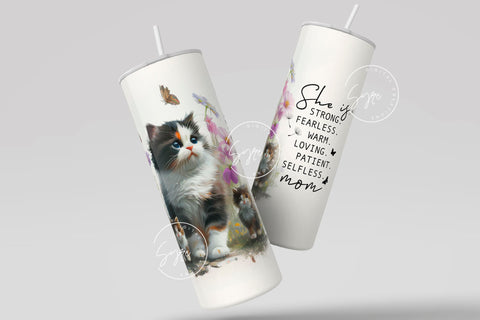 Cat Mom Tumbler, Gift for Cat Lover, Mothers Day Cat Mama Quote Floral Tumbler, 20oz Skinny Tumbler Sublimation, She Is Strong, Digital File Sublimation Syre Digital Creations 