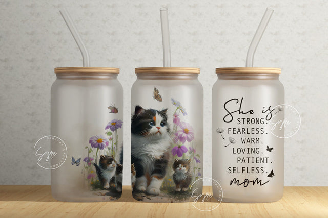 Cat Mom Tumbler, Gift for Cat lover, Mother's Day Cat Mom Quote Floral Tumbler, 16 oz Libbey Glass Can Tumbler, She Is Strong, Digital Sublimation Syre Digital Creations 