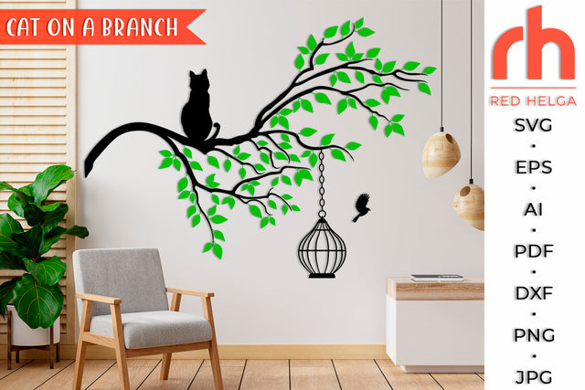 Cat on a Branch SVG - Spring Tree Cut File SVG RedHelgaArt 