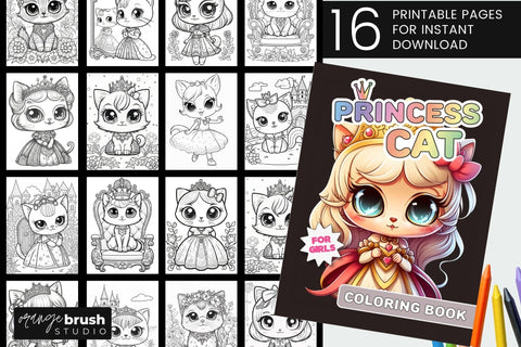 Cat Princess Coloring Page Bundle, Kawaii Coloring Pages Sublimation OrangeBrushStudio 