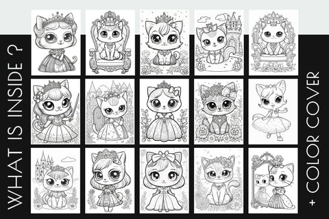 Cat Princess Coloring Page Bundle, Kawaii Coloring Pages Sublimation OrangeBrushStudio 