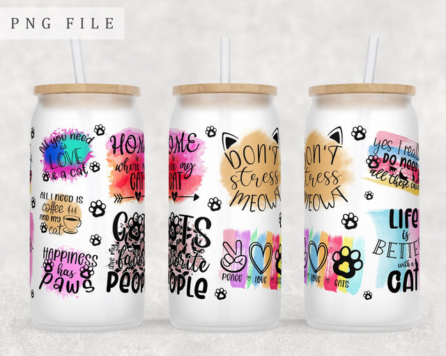 Cat Quotes Libbey Glass Can Wrap, 16 Oz Glass Can Sublimation Design, Cat Lover Glass Can PNG File, Cat Mom Glass Can Wrap Sublimation HappyDesignStudio 