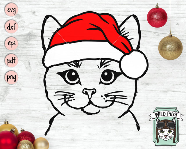 Cat Santa Hat SVG Cut File, Cat With Hat SVG, Christmas SVG File, Cat SVG, Christmas Cut File, Christmas Animals SVG, Animal Santa Hat SVG SVG Wild Pilot 
