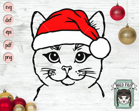 Cat Santa Hat SVG Cut File, Cat With Hat SVG, Christmas SVG File, Cat SVG, Christmas Cut File, Christmas Animals SVG, Animal Santa Hat SVG SVG Wild Pilot 