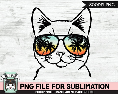 Cat Sunglasses SUBLIMATION designs png, Cat png, Sunset Sunglasses PNG file, Palm Tree glasses png, Beach Vacation png, Summer Cat glasses png Sublimation Wild Pilot 