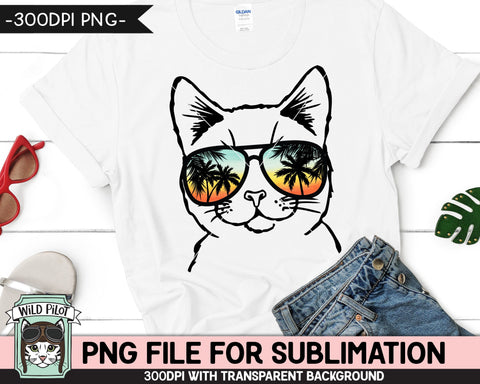 Cat Sunglasses SUBLIMATION designs png, Cat png, Sunset Sunglasses PNG file, Palm Tree glasses png, Beach Vacation png, Summer Cat glasses png Sublimation Wild Pilot 