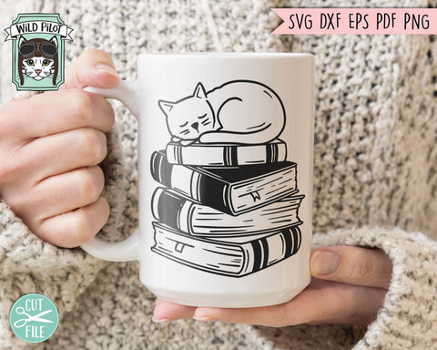 Cat SVG, Books SVG, Reading SVG, Cat Clipart, Kitty svg, Animal svg, Book Lover svg, Librarian svg, Reading png, Stack of Books svg SVG Wild Pilot 