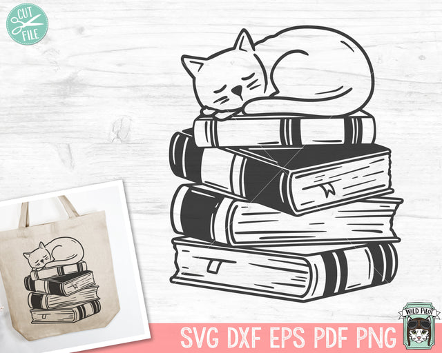 Cat SVG, Books SVG, Reading SVG, Cat Clipart, Kitty svg, Animal svg, Book Lover svg, Librarian svg, Reading png, Stack of Books svg SVG Wild Pilot 