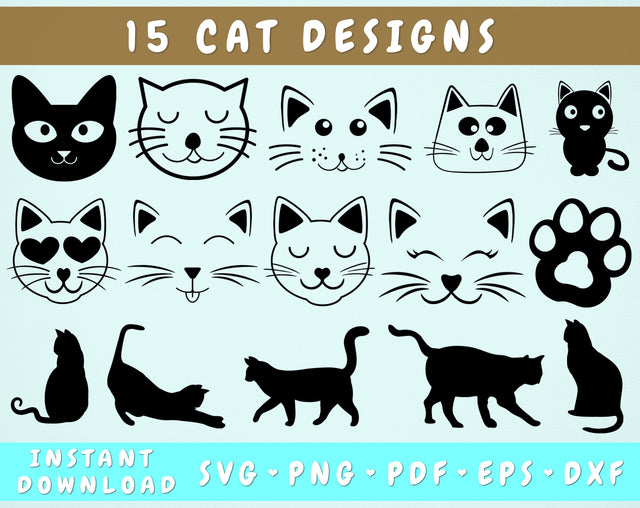 Cat SVG Bundle - 15 Designs, Cat Face SVG, Cat Paw SVG, Cat Silhouette SVG SVG HappyDesignStudio 