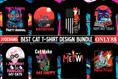 Cat T-Shirt Design Bundle, 20 Cat T-Shirt Design Bundle , Cat SVG Bundle Quotes , Cat Mega Bundle , Cat Clipart Bundle, Cat Retro SVG Bundle Sublimation BlackCatsMedia 