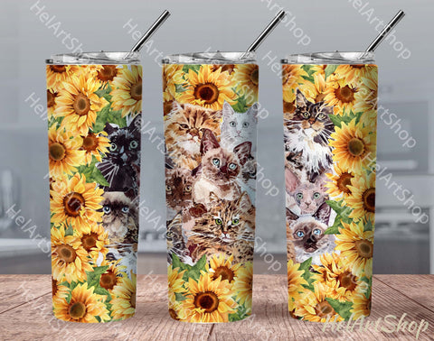 Cat Tumbler PNG Sublimation, Sunflowers SKINNY TUMBLER 20oz Sublimation _HelArtShop_ 