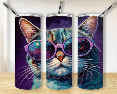 Cat Wearing 20oz Skinny Tumbler Png, Cute Animal Tumbler, Watercolor Funny Cat Wearing Tumbler, Colorful Cat with Sunglasses Tumbler Sublimation BouDesign 