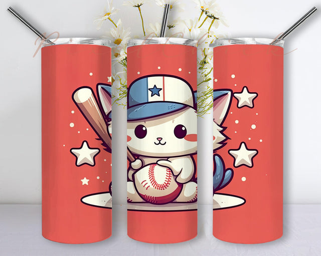 Cat With Baseball 20oz Skinny Tumbler Png, Baseball In The Hand Playing Baseball American Flag Background Tumbler, Cat Baseball Tumbler, Sublimation Tumbler Wrap Sublimation PixelChick 